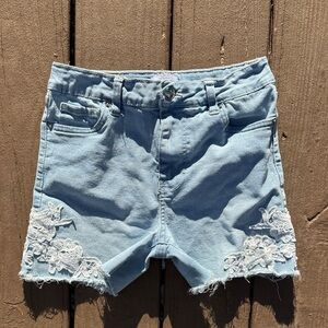 YMI Girls Light Blue Denim Shorts with White Floral Lace Trim